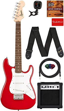 Fender Squier 3/4 Size Kids Mini Stratocaster Electric Guitar Learn-to-Play Bundle with Amp, Cable, Tuner, Strap, Picks, Fender Play Online Lessons, and Austin Bazaar Instructional DVD - Dakota Red