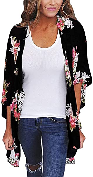 Women's Floral Print Puff Sleeve Kimono Cardigan Loose Cover Up Casual Blouse Tops