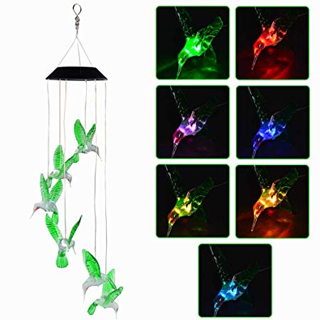 SUMERSHA Hummingbird Wind Chime, Color Changing LED Solar Mobile Bird Wind Chimes Hanging Outdoor Solar Lights for Home Party Yard Garden Night Decoration