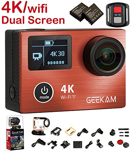 Sport Action Camera 4K 30fps 14MP Ultra HD Action Cam with Dual Screen Panasonic CMOS Wifi 2.4G Remote Control HDMI Waterproof 170 Wide Angle Bike Helmet Camera with 2 Batteries and accessories