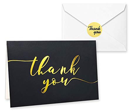 100 Thank You Cards in Black with Envelopes and Stickers - Highest Quality Elegant Bulk Notes Embossed with Gold Foil Letters for Weddings, Graduations, Engagements, Business, Formal, Baby Shower, 4x6