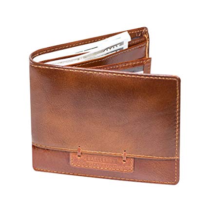 Genuine Leather Wallets, Baellerry RFID Blocking Mens Wallet Bifold Classic Slim Wallets with Gift Box for Men（Brown-A01）