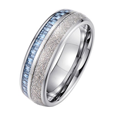 Tiitc Rings for Men Women Tungsten Carbide Meteorite with Blue Carbon Fiber Wedding Engagement Band 8mm