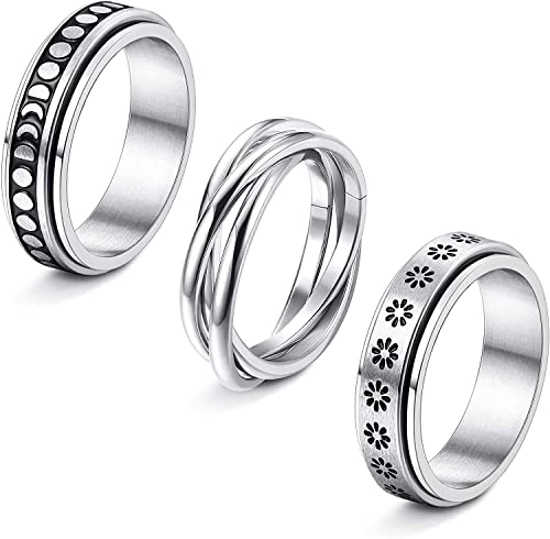 Adramata 3Pcs Stainless Steel Fidget Band Rings for Women Spinner Rings Triple Interlocked Rolling Flower Moon Ring Celtic Stress Relieving Wedding Promise Rings Set