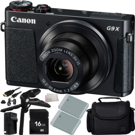Canon PowerShot G9 X Digital Camera 16GB Bundle 10PC Accessory Kit. Includes Manufacturer Accessories   16GB Memory Card   2 Replacement NB-13L Batteries   AC/DC Rapid Home & Travel Charger   Pistol Grip/Table Top Tripod   Micro HDMI Cable   MORE