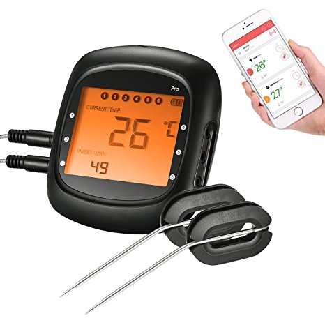 Smart Wireless BBQ Thermometer,TOPELEK Bluetooth Meat Thermometer Remote Digital Cooking Food Thermometer With Large Backlit Display,Instant Read-Out,Magnetic Mounting Design,6 Probe Port Alarm Monitor for Kitchen,Grill, BBQ,Steak,Turkey for IOS & Android (Dual Probes)