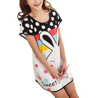 Womens Lovely Rabbit Cartoon Dots Short Sleeve Sleepwear Sleep Shirt Pajamas Top