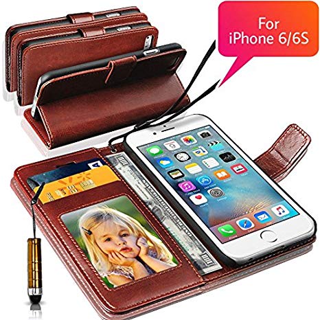 GBOS Rich Luxury Leather Stand Wallet Flip Case Cover Book Pouch with Mini Touch Stylus Pen For Apple iPhone 6 6S (Brown)