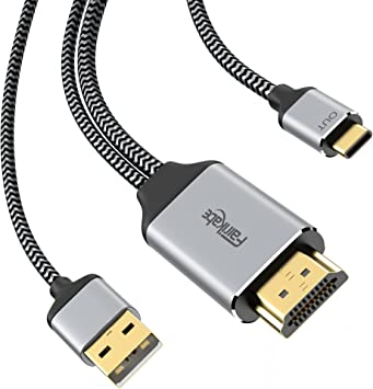 fairikabe HDMI to USB C Cable 4k@60Hz, HDMI to USB Type C Adapter Cable 6.6 ft with USB Power Cable, Compatible for MacBook Pro, Nreal air, iMac, XPS, Touchable Portable Monitor