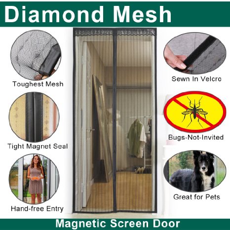 Diamond Stripe magnetic screen door curtain,3 Sizes Avaliable to Fits Door Up To 46"x82",36"x98",36"x82", Full Frame Velcro,BLACK