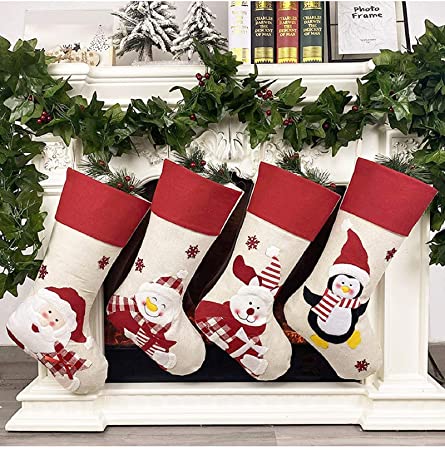 GoldFlower Christmas Stockings 4 Pack, Large Festival Christmas Decorations, Rustic Classic Personalized Christmas DIY Craft Ornament Gifts Decor for Family Holiday Party Home Christmas Eve