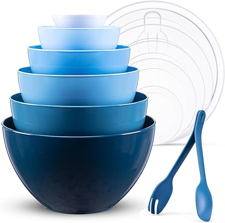 Mixing Bowls with Lids Set, 14 Pieces Plastic Nesting Mixing Bowls Includes 6 Prep Bowls, 6 Lids, 2 Cooking Spoons(Can Convert Into Tongs), Microwave Dishwasher Safe for Mixing Serving Baking Storing