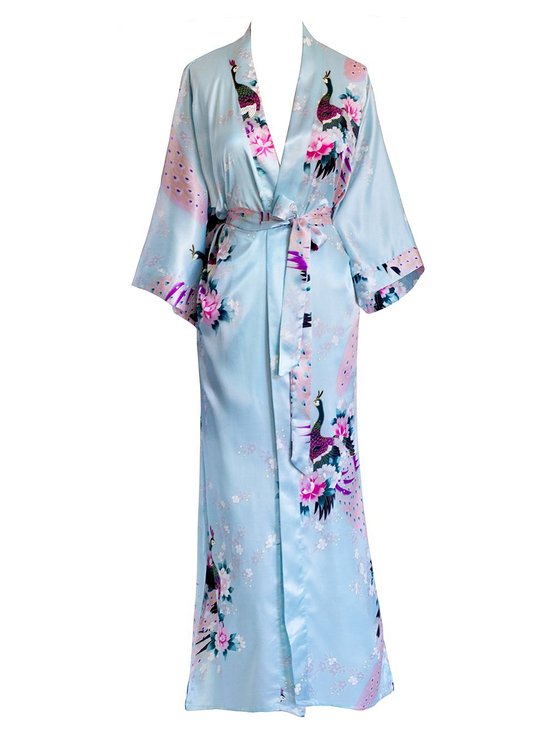 Old Shanghai Women's Kimono Long Robe - Peacock & Blossoms