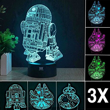 3D Star Wars Lamp - Star Wars Gifts - 3 Pattern&1 Base - Star Wars R2-D2 - Star Wars Bb8 - Death Star Wars - Star Wars Light - Optical Illusion Led Light - Star Wars Lamp