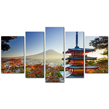 5 Pieces Modern Canvas Painting Wall Art The Picture For Home Decoration Mt. Fuji With Chureito Pagoda In Autumn Fujiyoshida Japan Landscape Mountain Print On Canvas Giclee Artwork For Wall Decor