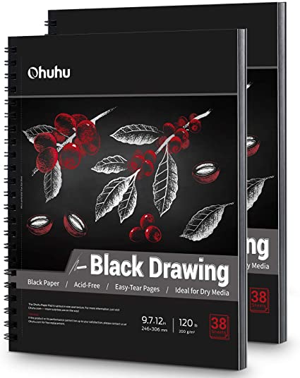 Black Sketch Pad, 9.7"x12" Ohuhu 2 Pack 120 LB/200 GSM Black Drawing Papers, 38 Sheets/76 Pages, Spiral-Bound Heavyweight Paper for Art Gel Pen Graphite Colored Pencils Charcoal, Metallic Marker Pens