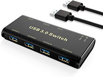 ABLEWE USB 3.0 Switch, KVM Switcher 4 Port USB 3.0 Peripheral Switch 2 in 4 Out Sharing Selector Box Hub for Mouse, Keyboard, Scanner, Printer, PCs with One-Button Switch and 2 Pack USB Cable (Black)