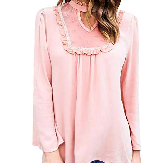 Taore Women Chiffon Hollow Out Lace Blouse Tops Long Sleeve Sweet V-Neck Casual Shirt