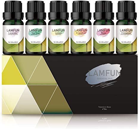 Essential Oils Set, LamFun Pure Top 6 Aromatherapy Essential Oils Gift Kit (Grapefruit, Rose, Cinnamon, Lavender, Tea Tree, Lemon) 6 x 10 ml