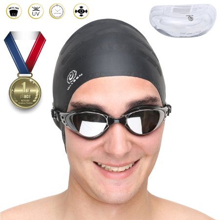 Winsen Swimming GogglesSwim Goggles Plus100 UV ProtectionAnti-shatter Anti-fog Coated LensesPremium Silicone Long Hair Swim CapQuick Adjusting Head StrapFlexible Nose Bridge For Men Women