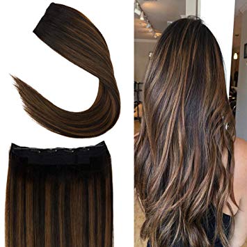 Youngsee 18inch Balayage Flip on Halo Hair Extensions Darkest Brown Mixed with Medium Brown Fish Line Wire Hair Extensions Human Hair No Glue 12" Wigth 80g/set