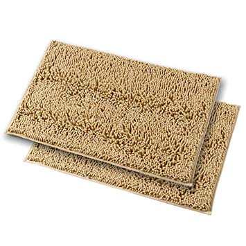 MAYSHINE 16x24 inches Non-Slip Bathroom Rug Shag Shower Mat Machine-Washable Bath mats with Water Absorbent Soft Microfibers, 2 Pack, Marzipan