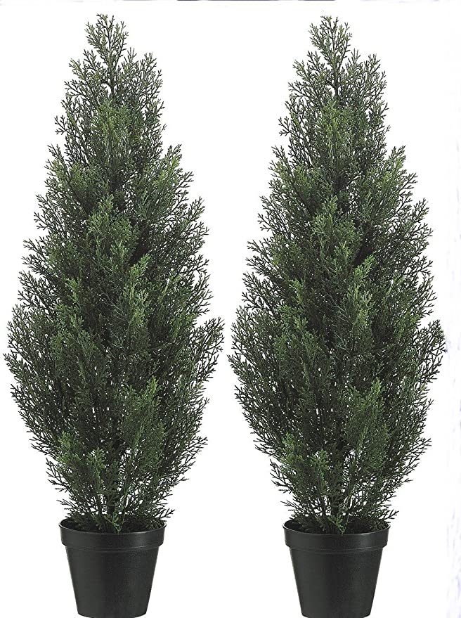 Two 3 Foot Outdoor Artificial Cedar Trees Potted Plants