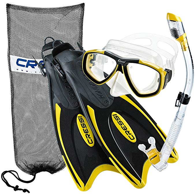 Cressi Palau Long Fins, Focus Mask, Dry Snorkel, Snorkeling Gear Package