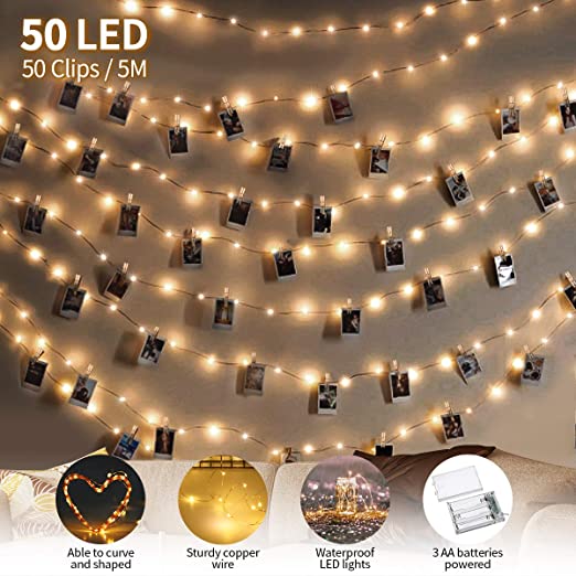 king do way String Lights for Bedroom，50LED 17FT Fairy Lights with 50 Photo Clips Warm White Waterproof Fairy Light for Indoor Outdoor Wall Decorations