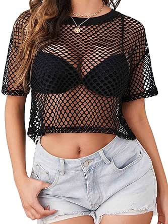 Avidlove Women's Sheer Fishnet Top Sexy Short Sleeves Net T Shirts Crop Top