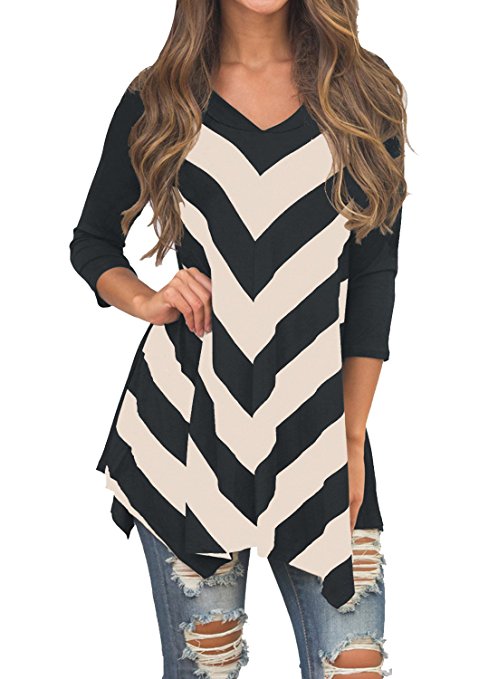 MIHOLL Womens Tunic 3/4 Sleeve V Neck Striped Tunic Top