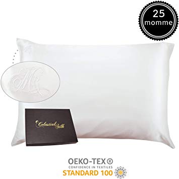 100% Silk Pillowcase for Hair Zippered Luxury 25 Momme Mulberry Silk Charmeuse Silk on Both Sides of Cover -Gift Wrapped- (Queen, Embroidered MR)