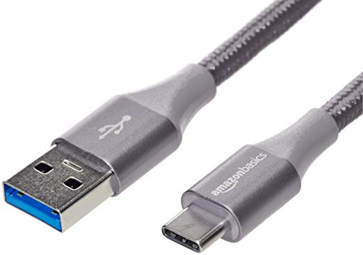 AmazonBasics Double Braided Nylon USB Type-C to Type-A 3.1 Gen 1 Cable | 0.3 m, Dark Grey