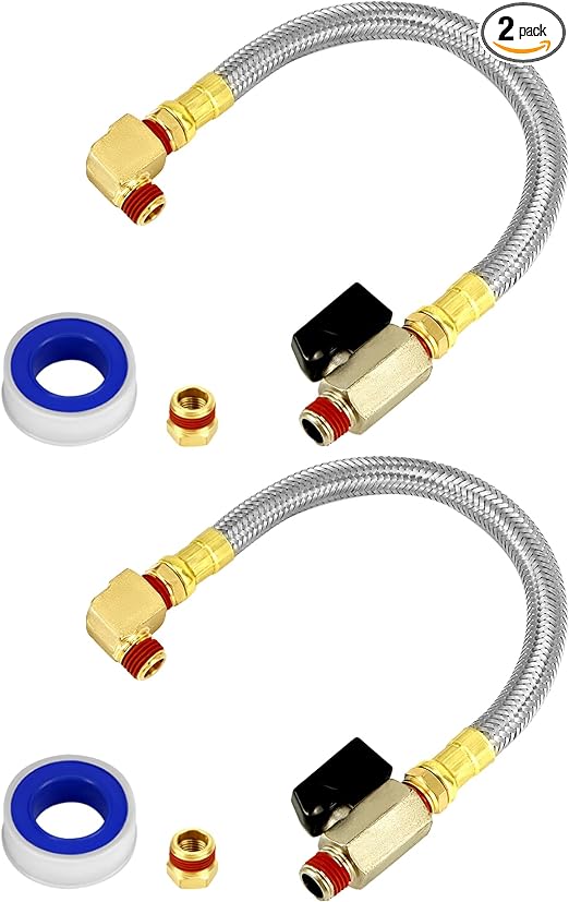 QWORK 2 Pack Extended Tank Drain Valve Assembly Kit for Air Compressor, Including 10 Inches Air Compressor Tank Drain Hose 1/4 inch NPT, 1/4" to 3/8" Brass Adapter and Thread Seal Tape