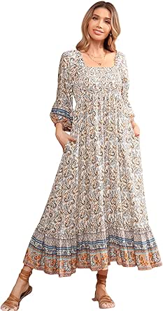 R.Vivimos Women's 3/4 Sleeve Square Neck Midi Dress Boho Casual Floral Print Empire Waist Ruffle Flowy Smocked Long Dresses