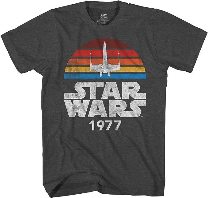 STAR WARS 1977 Logo Rainbow Sun X-Wing Classic Retro Vintage Adult Men's Graphic Tee Apparel T-Shirt (Premium Heather Charcoal, X-Large)