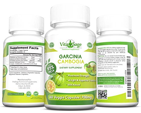Pure Garcinia Cambogia Extract - 95% HCA Maximum Strength Formula - Appetite Suppresant + Supports Healthy Weight Loss - Vegan Friendly - 700mg - 60 Capsules Per Bottle