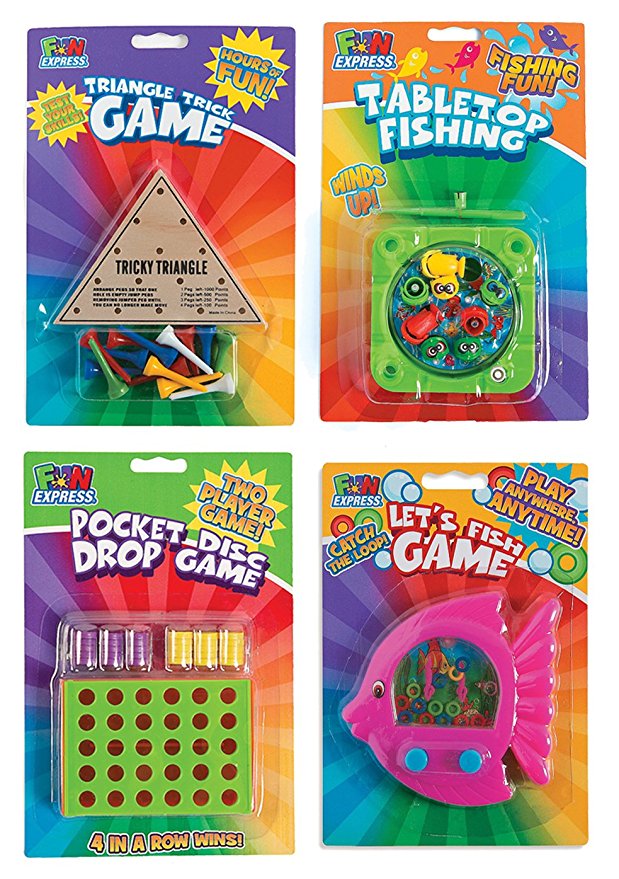 Travel Toys and Games for Car Rides or Road Trips Including Tabletop Fishing, Triangle Trick, Pocket Disc Drop and Let's Fish