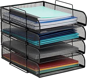 Mind Reader Stackable Paper Tray, Desktop Organizer, File Storage, Office, Metal Mesh, 10.5" L x13.5 W x11.25 H, 4 Pcs., Black