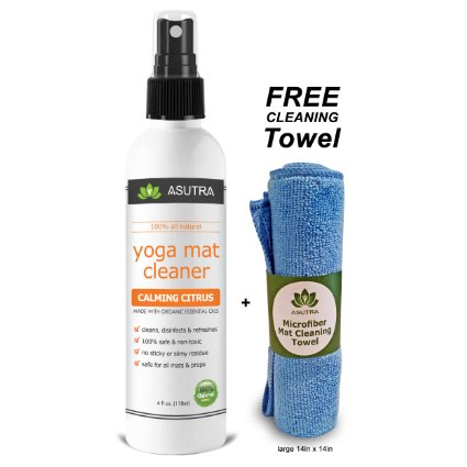 100% Natural & Organic Yoga Mat Cleaner, SAFE FOR ALL MATS, No Sticky Or Slimy Residue - Cleans, Restores, Refreshes + FREE Microfiber Cleaning Towel Included