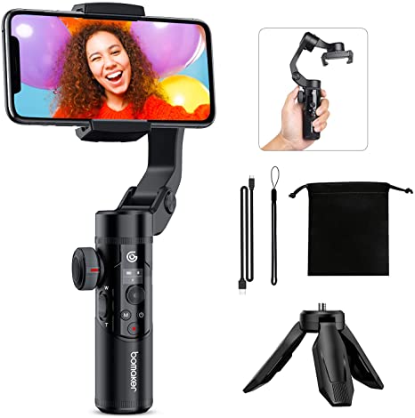 Bomaker 3-Axis Handheld Gimbal Stabilizer for Smartphone, Foldable Lightweight Design with Grip Tripod, Selfie Vlog Live Video Record with 3D Incepetion Mode, Hitchcock, Hyperlapse, Slow Motion, AI Face Tracking & Gesture Controls Shooting, Bidirectional Power Supply