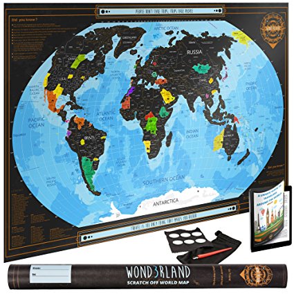 Premium Scratch Off World Map with outlined Canadian Provinces & US States - Deluxe Large Wall Poster - Detailed Travel Tracker - Perfect Gift for Travelers - BONUS Adhesive Stickers   Scratching Tool   Wiping Cloth   Unique eBook