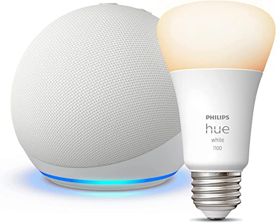 All-New Echo Dot (5th Gen, 2022 release) | Smart speaker with Alexa | Glacier White   Philips Hue White A19 Medium Lumen Smart Bulb, 1100 Lumens