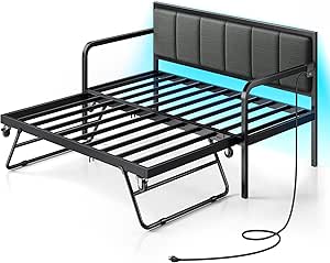 Rolanstar Daybed with USB Charging Station and LED, Height Adjustable Twin Daybed with Trundle, Grey Upholstered Bed Frame with Steel Slat Support for Living Room, Bedroom and Guest Room