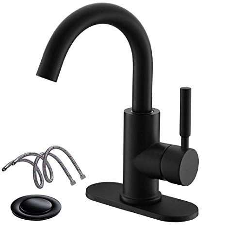 Single-Handle High-Arc Stainless Steel Faucet For Pre-Kitchen Sink/Bar Sink/Bathroom Sink By Phiestina, With 4 Inch Deck Plate And Supply Hoses, Mattet Black, WE08E-MB