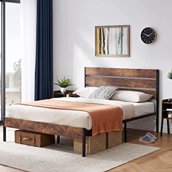 VECELO Platform Queen Bed Frame with Rustic Vintage Wood Headboard, Mattress Foundation, Strong Metal Slats Support, No Box Spring Needed, Black & Wood Grain