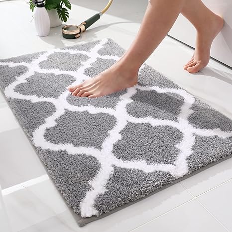 OLANLY Luxury Bath Mat, Soft and Absorbent Microfiber Bathroom Rugs, Non-Slip Shaggy Bath Carpet, Machine Wash Dry, Bath Mats for Bathroom Floor, Tub and Shower, 24" x 16", Grey