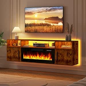 Lemberi Floating Fireplace TV Stand 70'' Wall Mounted Shelf, LED Light Entertainment Center and Storage, Modern Wood Media TV Console with Highlight Cabinet for Living Room (Brown)