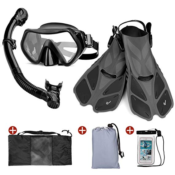 Odoland Snorkel Set 6-in-1 Snorkeling Packages, Diving Mask with Splash Guard Snorkel and Adjustable Swim Fins and Lightweight Mesh Bag and Waterproof Case and Beach Blanket