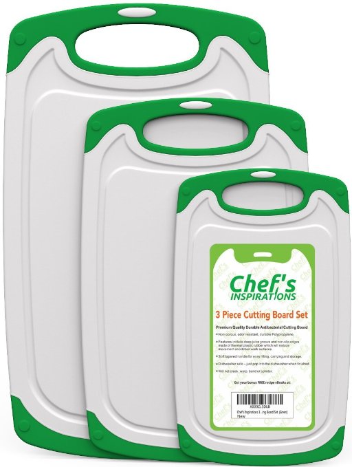 Chef's INSPIRATIONS 3 Piece Plastic Cutting Board Set For Kitchen. Best For Chopping & Slicing Fruit, Vegetables & Meat. Non Slip Feet With Juice Groove. Made With Durable Non Porous Poly Plastic.